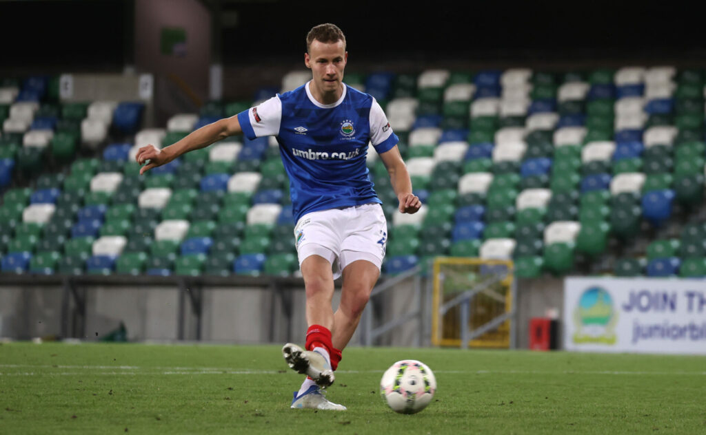 Linfield's Eetu Vertainen in action during the penalty shoot out of the UEFA Europa Conference League play-off match at Windsor Park, Belfast. Picture date: Thursday August 25, 2022.